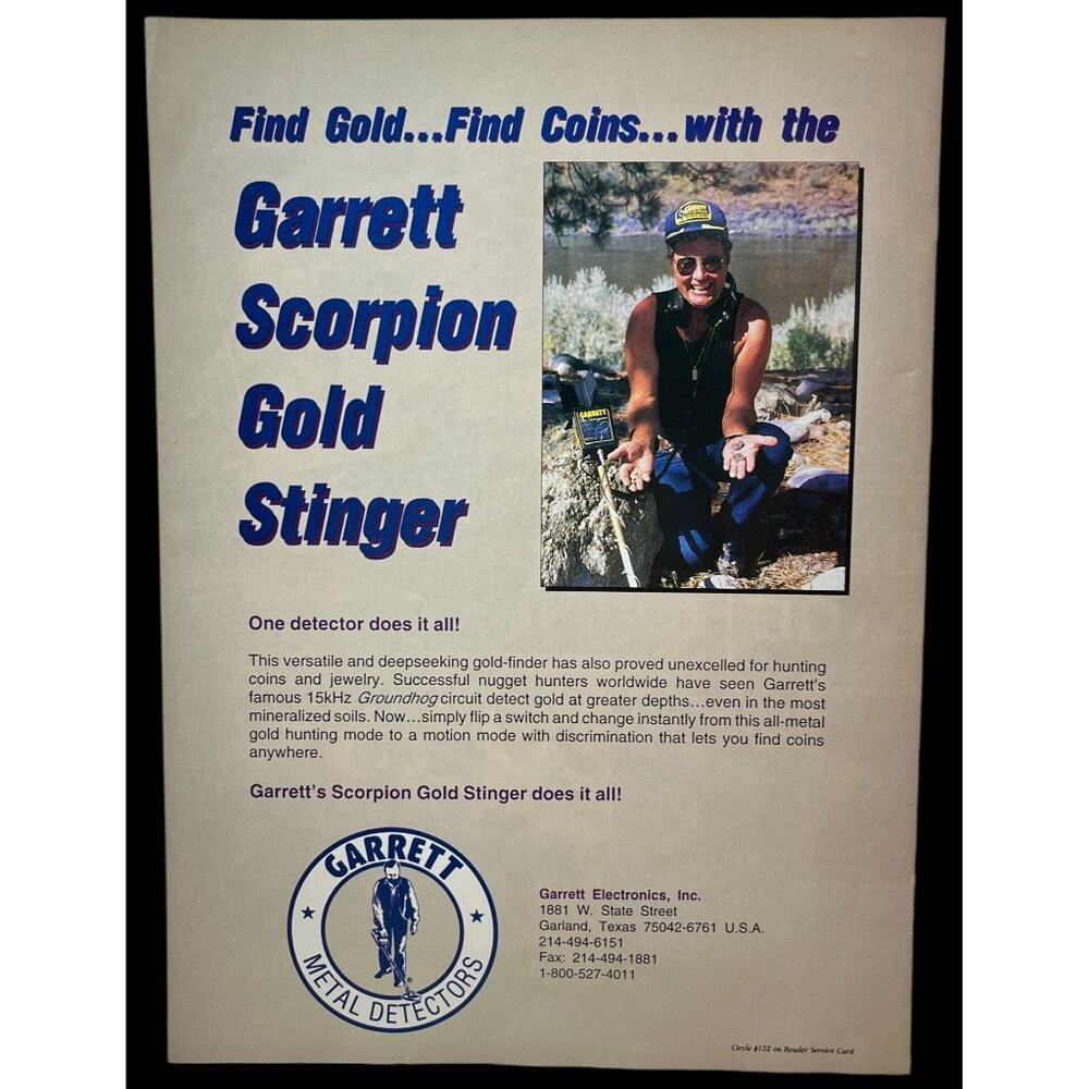 Garrett Scorpion Gold Stinger Print Ad Vintage 90s Metal Detectors Garland TX